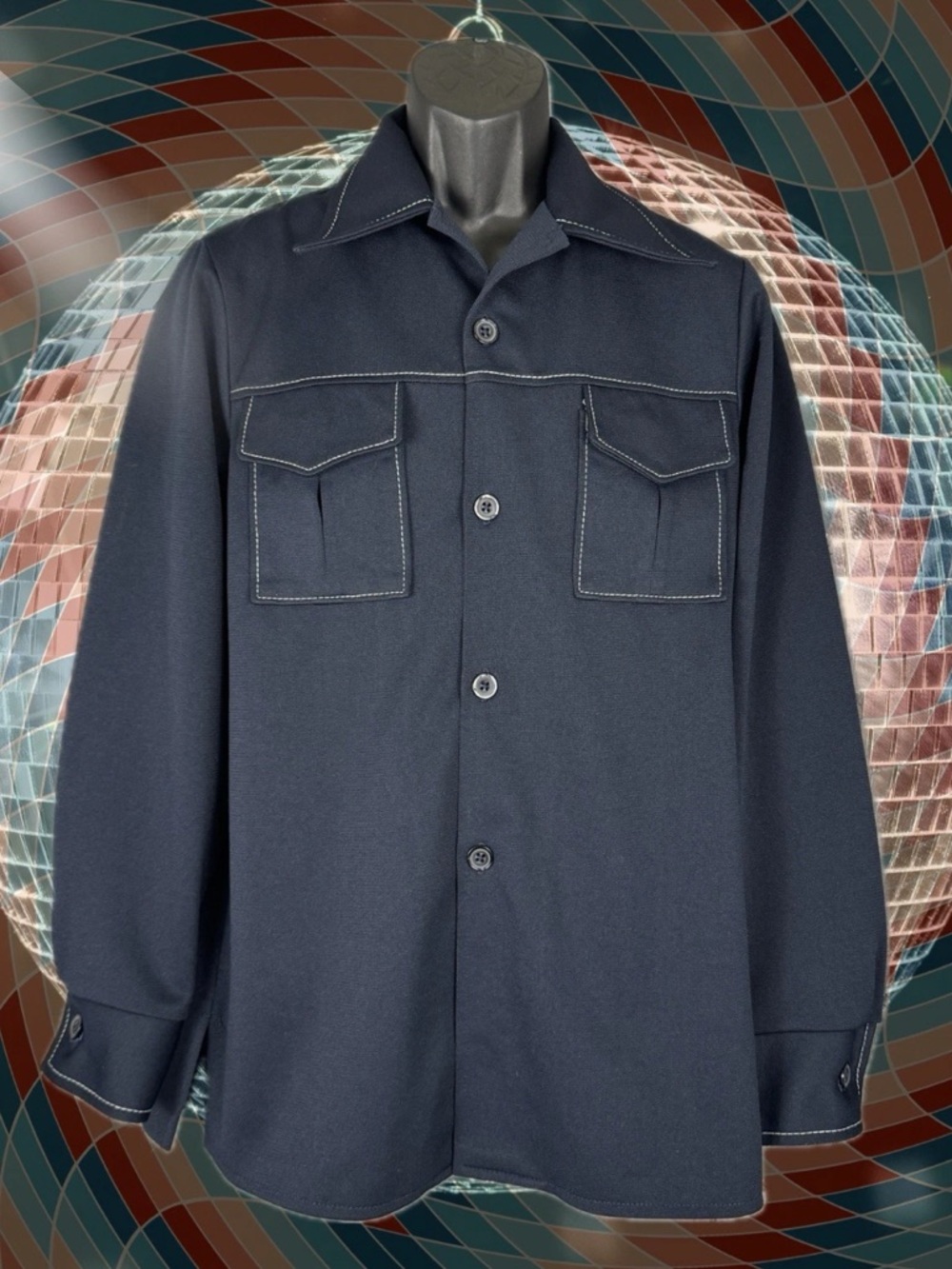 Vtg 60s 70s Farah Leisure Suit Disco Contrast Stitch Navy Blue Button Shirt Sz L